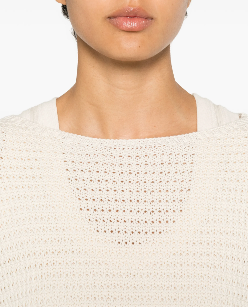 Drykorn IMENIA_2 cropped sweater in natural white with oversized fit, boat neckline, and chunky cotton knit.