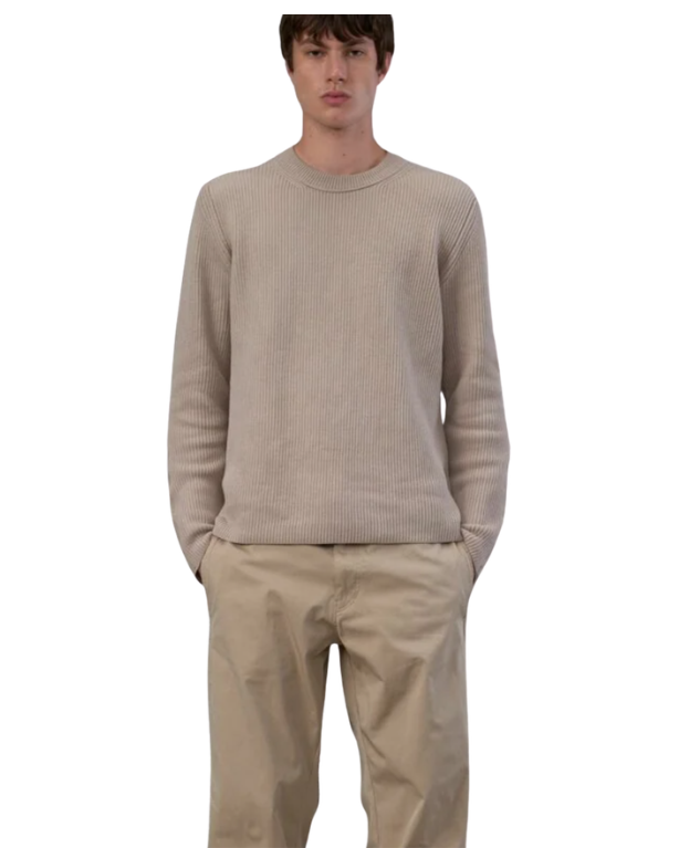 Ten C cotton knit sweater in pale taupe with ribbed texture and OJJ fabric sleeve details.