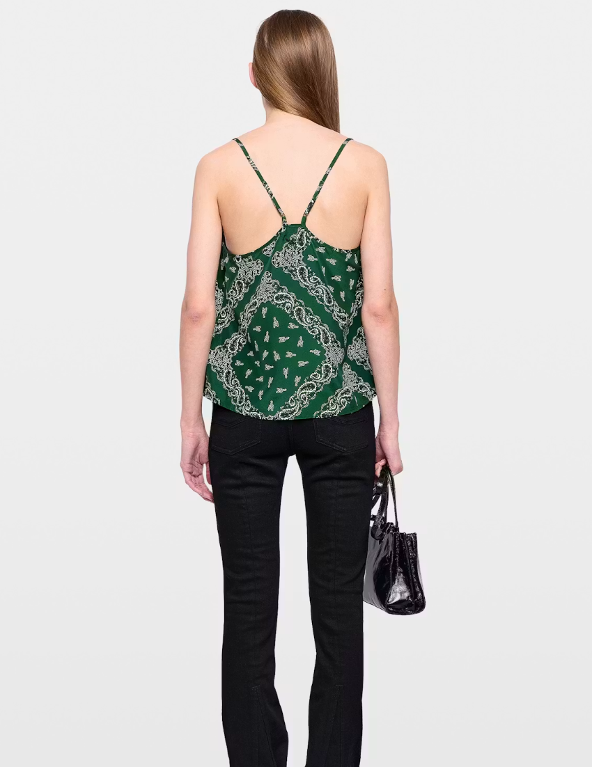 Zadig&Voltaire Cespa silk cami in Meadow with bandana print, lace neckline, and adjustable straps.