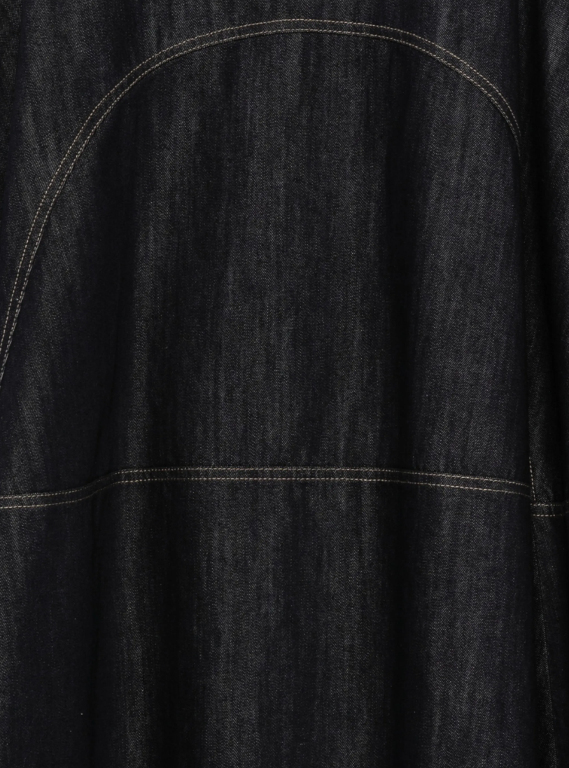 Dark blue A-line midi skirt by Tela, made in Italy with raw edges, contrast details, and seam accents for modern statement style.