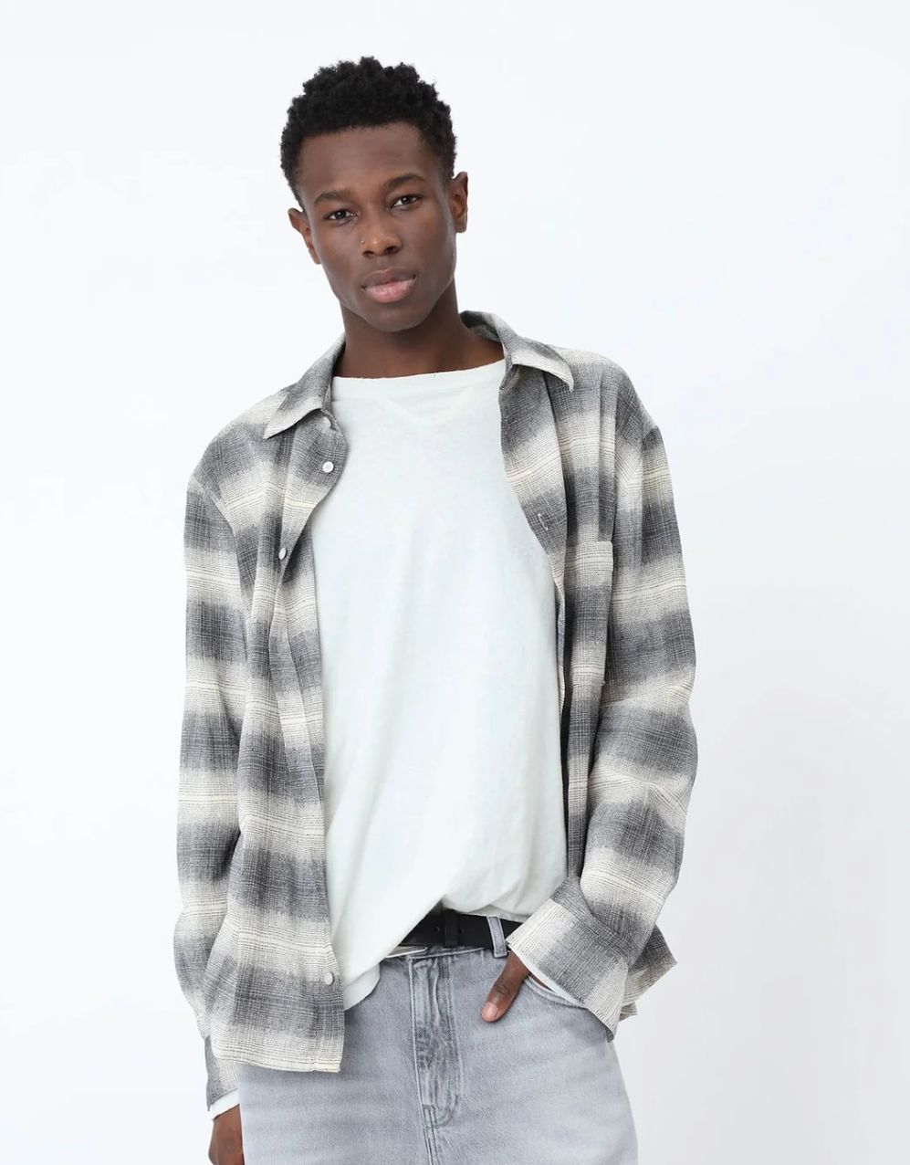 Won Hundred Pete Check Shirt for men in Black Comb., crafted from a lightweight cotton blend with a faded black and white check.