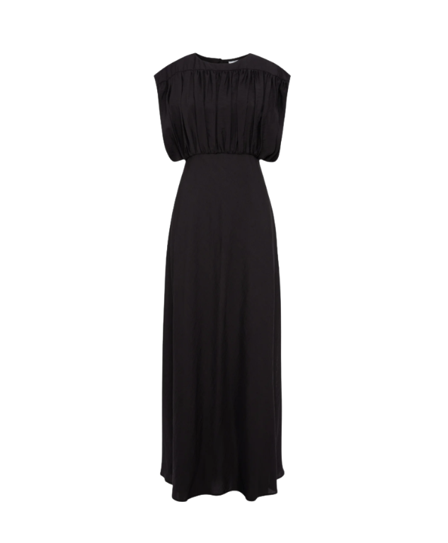 Tela D. Vega maxi dress in coffee brown Tencel with ruched top and sleeveless design.