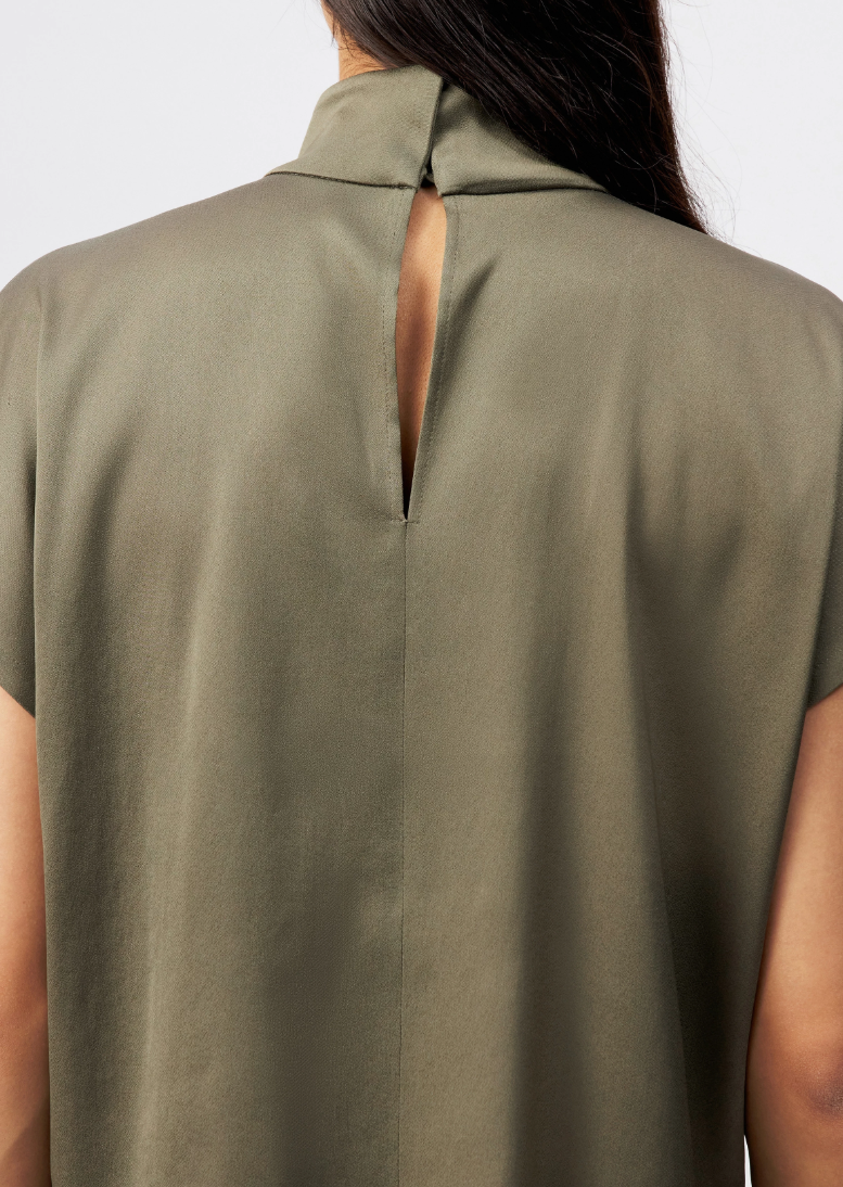 Dusty olive ALARIA_1 blouse by Drykorn in relaxed fit with stand collar, short sleeves, and eco-friendly satin for elegant everyday style.