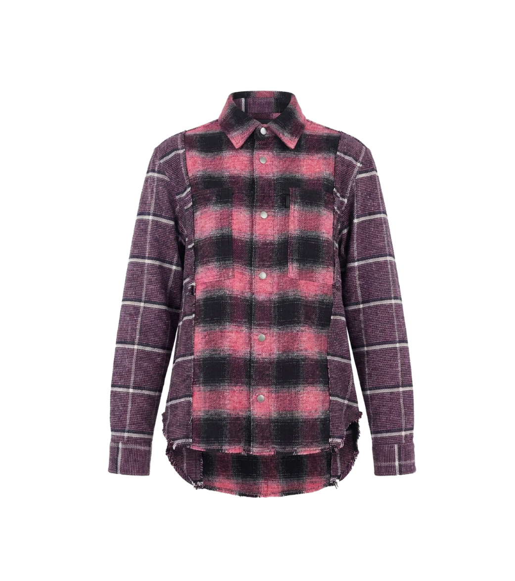 Haikure ARNO W Double Check Shirt for women in Pink, featuring a checked pattern, frayed edges, patch pockets and snap-button closure.
