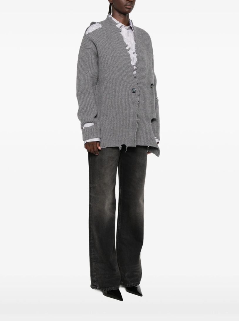 HAIKURE COURTNY Cardigan in Grey, crafted from 100% merino wool with distressed detailing, ribbed knit and an asymmetric hem.