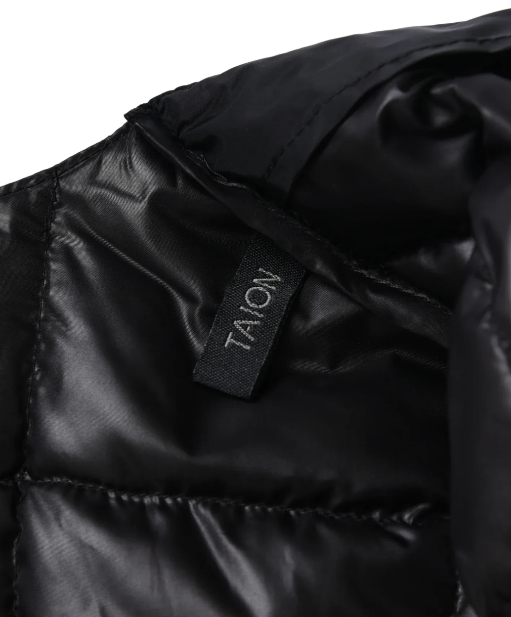 TAION Basic V-Neck Button Down Down Vest in black with snap buttons and lightweight design.