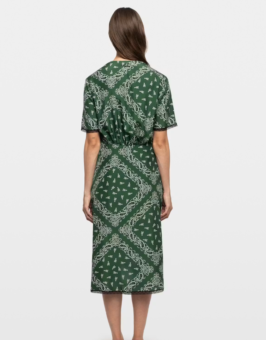 Zadig&Voltaire Reforme silk dress in Meadow with bandana print, asymmetric wrap silhouette, and Wings embroidery.