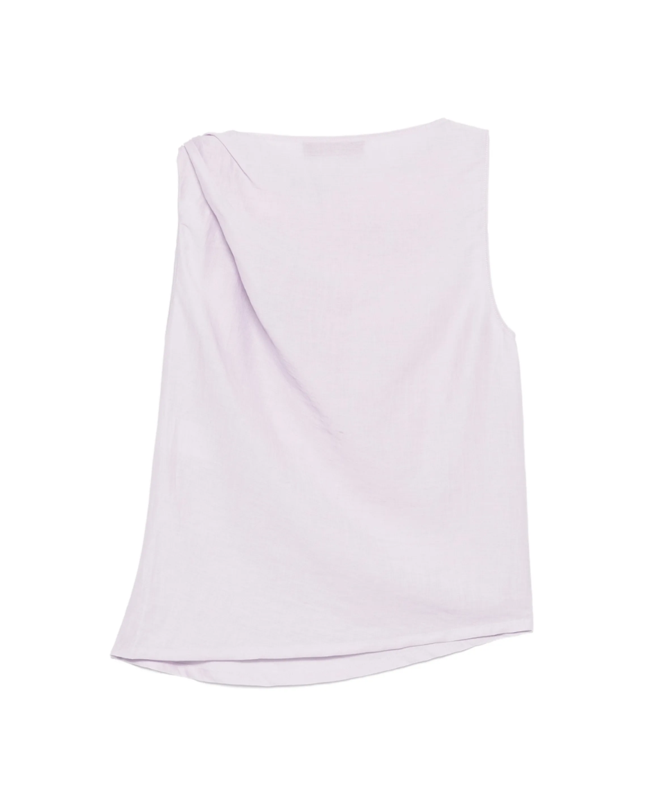 Tela asymmetric top in lilac with twisted shoulder detail, draped silhouette, and linen-viscose fabric.