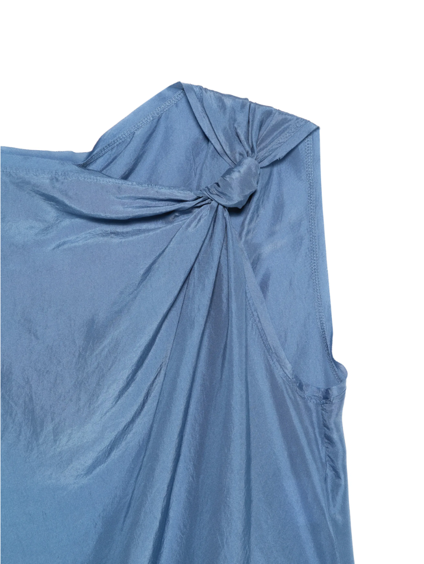 Blue knotted silk top by Tela, made in Italy with sleeveless draped design and elegant fluid silhouette.