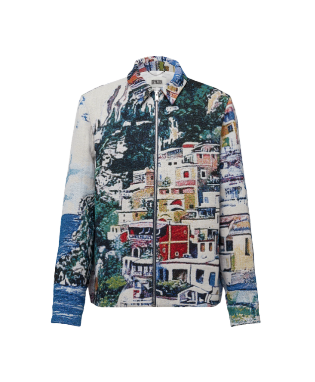 Drykorn JOTTAR jacquard jacket in bluestone with coastal-inspired pattern, regular fit, and zip closure.