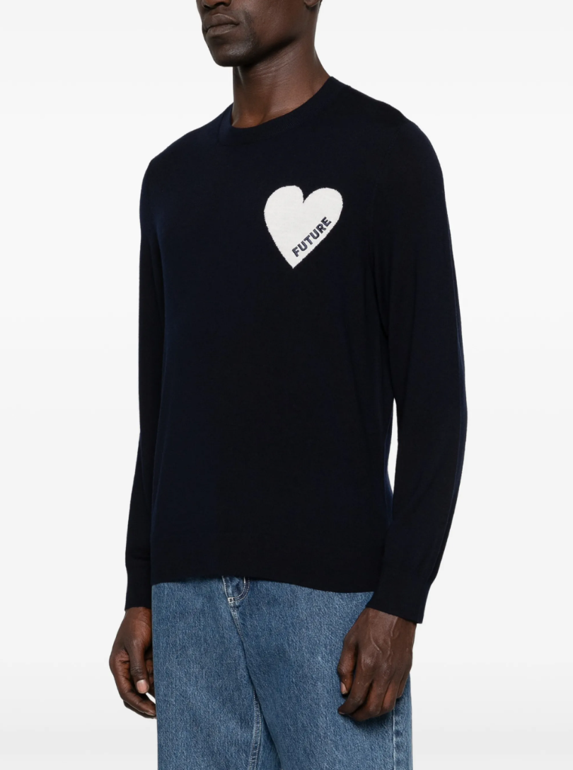From Future Men’s Cashmere Heart Graphic Sweater in navy blue with “FUTURE” heart embroidery on chest