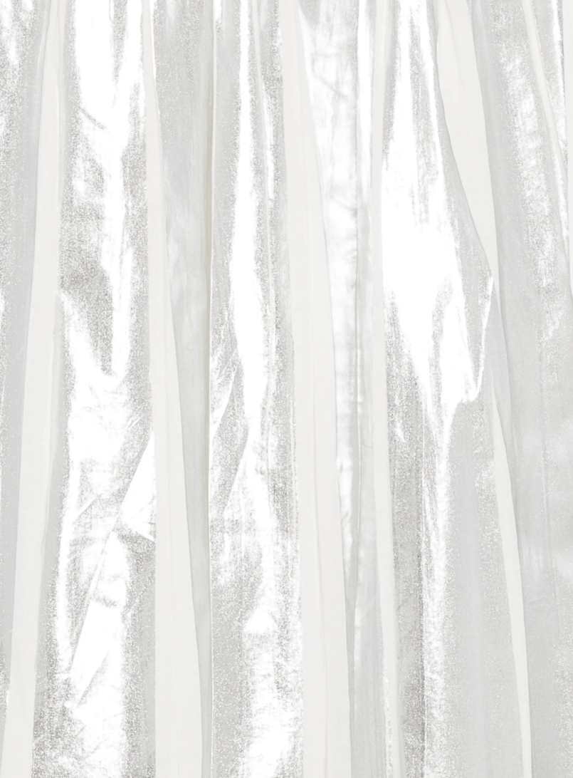 Silver pleated maxi skirt by Tela, made in Italy with elastic waistband for flowing movement and modern elegance.