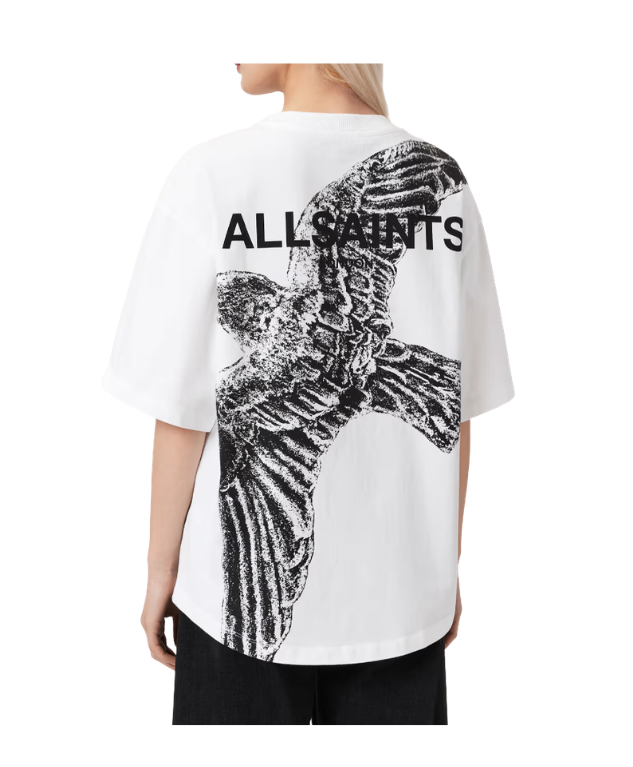 AllSaints SWOOP Amelie oversized T-shirt in optic white with crew neck, high-low hem, and AllSaints London print.