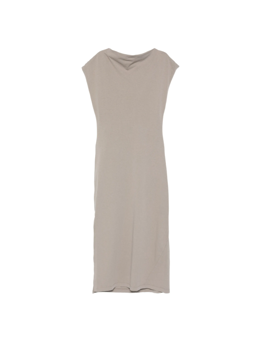 Grey maxi dress by Tela with front knot, tie detail, side slit, and heavy jersey fabric for sculptural elegance.