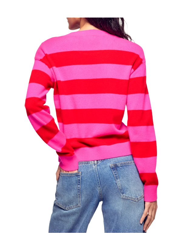 From Future striped cashmere sweater in flash pink with heart buttons and two-tone stripes.