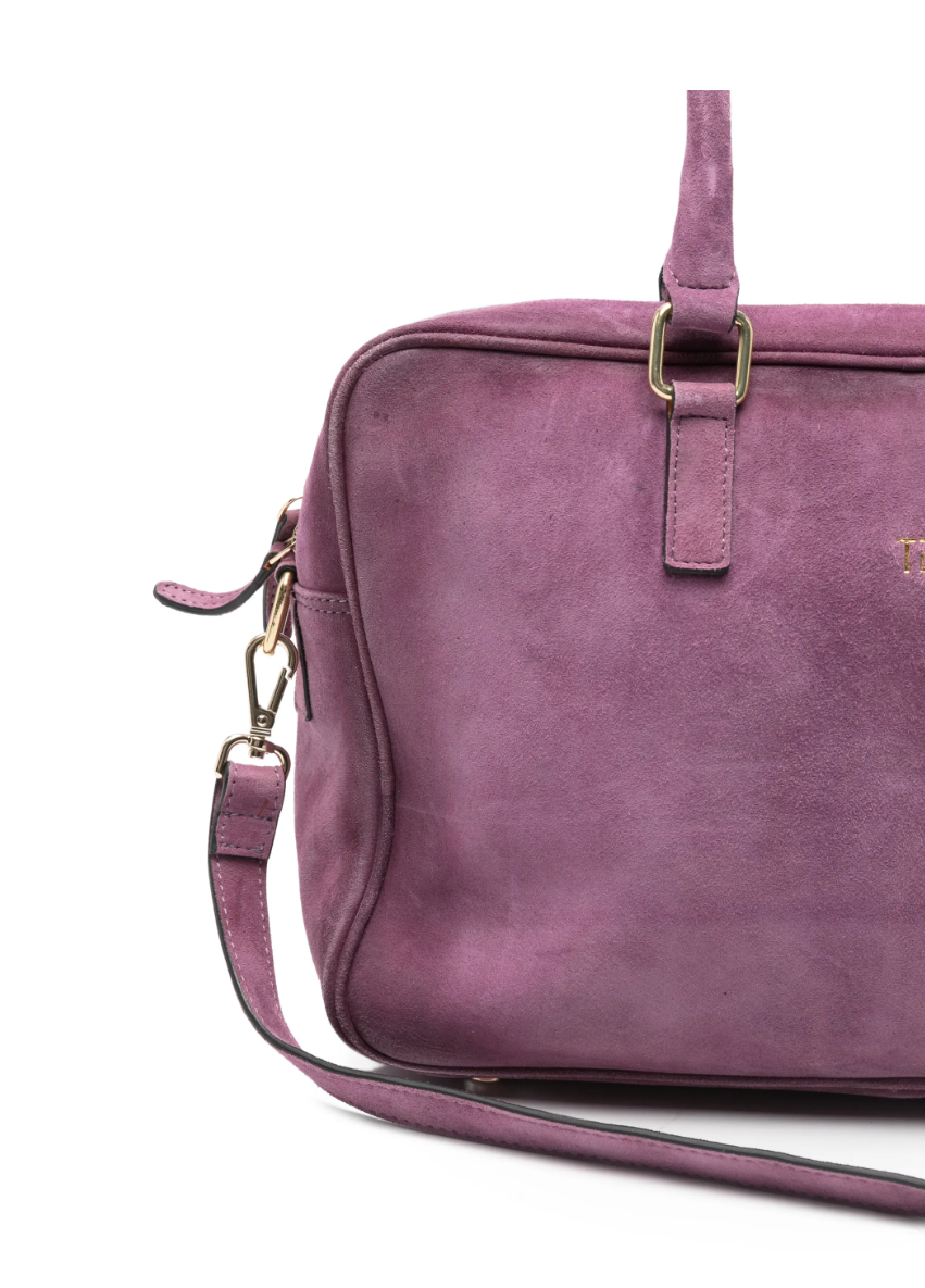 Tela suede tote bag in lilac with top handles, zip closure, and gold-tone hardware.