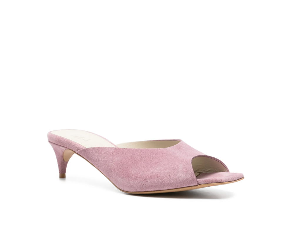 Pink square-toe slippers by Tela in suede, made in Italy with peep-toe design and curved heel for chic, modern style.