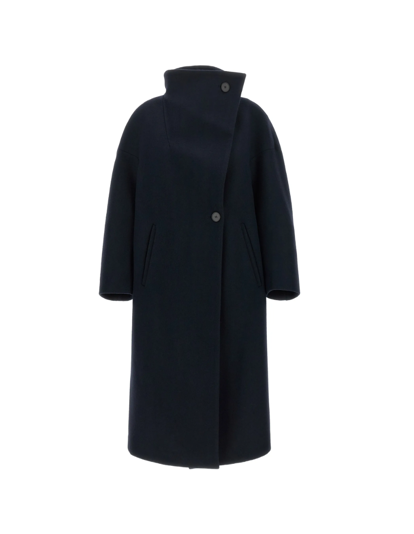 TELA SCOTT Coat in Blue, made in Italy with an oversized cocoon silhouette, asymmetric stand collar, dropped shoulders and button closure.