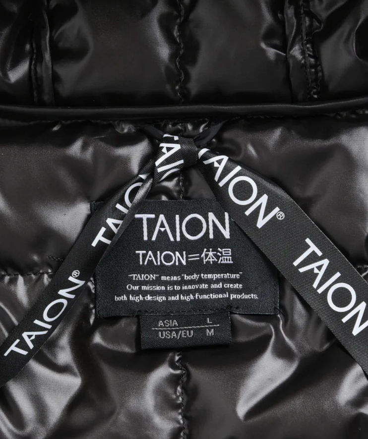 TAION Basic Hood Down Jacket in black with W-zip front and included storage bag.