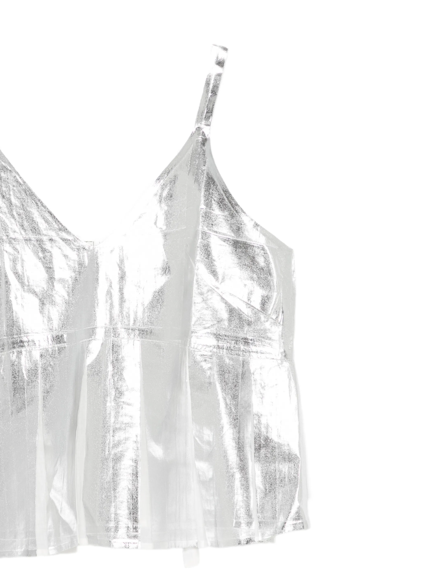 Tela metallic pleated top in silver with V-neck, spaghetti straps, and sleeveless design.