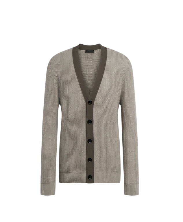 Dondup grey ribbed knit cardigan with V-neck, button fastening, and striped texture.