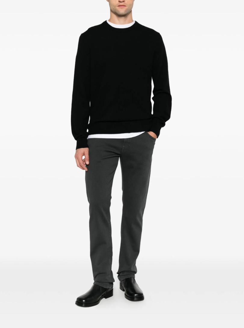 FROM FUTURE men's Crew-Neck Cashmere Sweater in Black, crafted from 100% pure cashmere with classic ribbed trims.