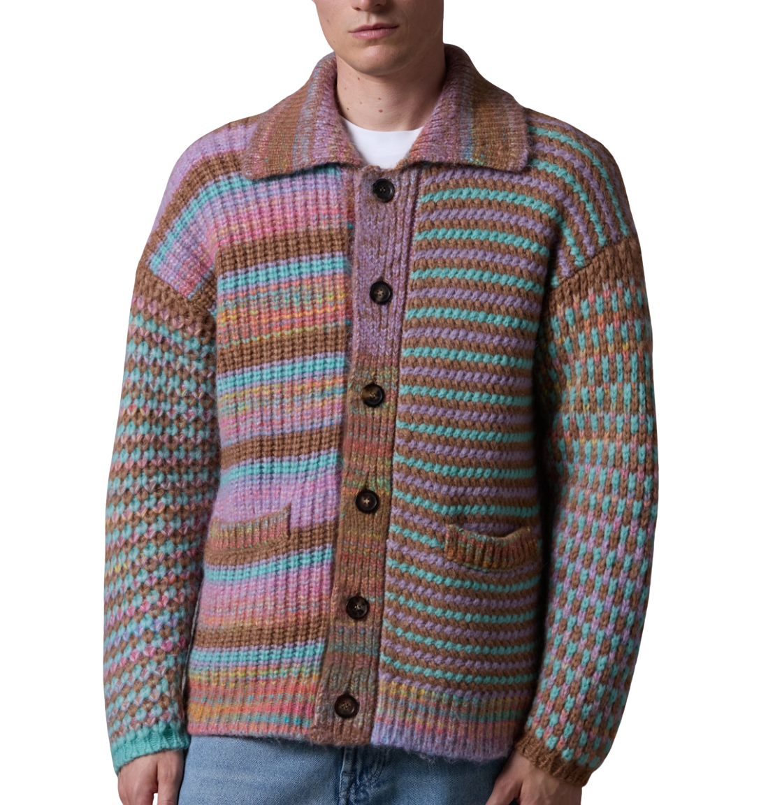 Roberto Collina Men’s Mixed Stitch Oversized Cardigan Multicolor