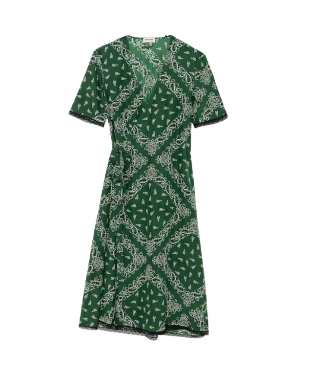 Shop the Zadig&Voltaire Reforme dress in Meadow, crafted from 100% silk with a bandana print, asymmetric wrap silhouette, V-neck, and signature Wings embroidery.