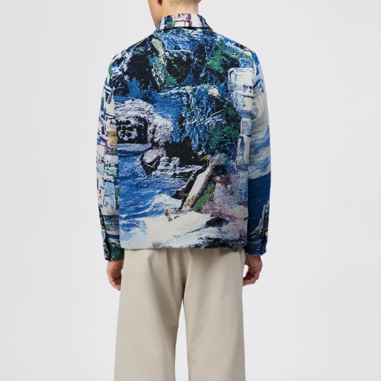 Drykorn JOTTAR jacquard jacket in bluestone with coastal-inspired pattern, regular fit, and zip closure.