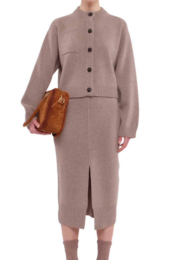 Tela women’s beige midi skirt with carded wool fabric, front slit, and elasticated waist