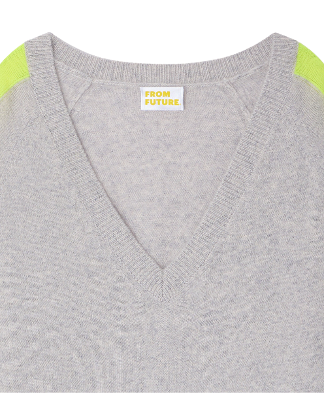 From Future V-neck cashmere sweater in light heather grey with striped sleeves and oversized cropped fit.