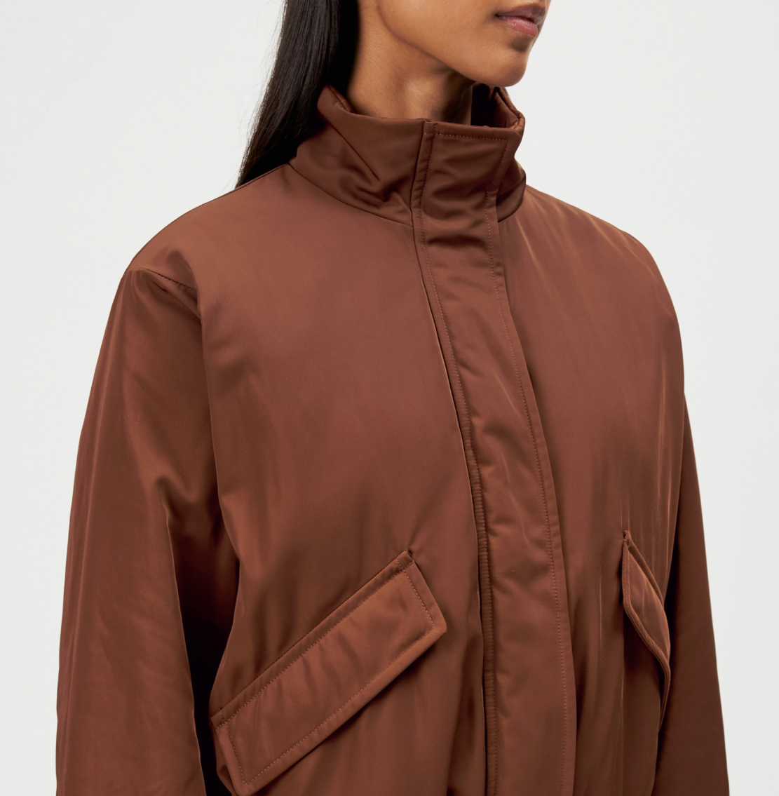 Drykorn CADLEY Blouson for women in Chocolate Fondant, featuring an oversized relaxed fit, technical twill and high stand collar.