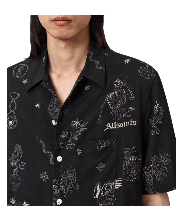 AllSaints TERRA Oversized Linen Blend Shirt in jet black with graphic print, chest pocket, and relaxed oversized fit.