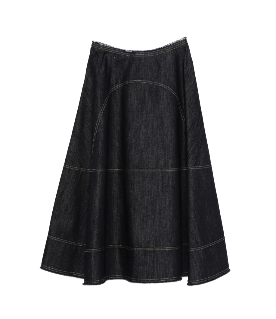Dark blue A-line midi skirt by Tela, made in Italy with raw edges, contrast details, and seam accents for modern statement style.