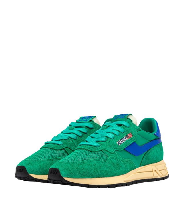 Autry Reelwind Low sneakers in Emerald and Dazzling Blue with nylon, suede, and retro running design.