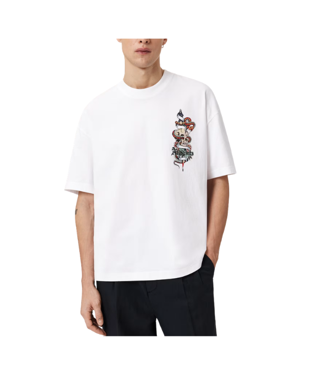 Optic white AllSaints BLADE oversized graphic T-shirt for men with crew neck, short sleeves, and tattoo-inspired print.