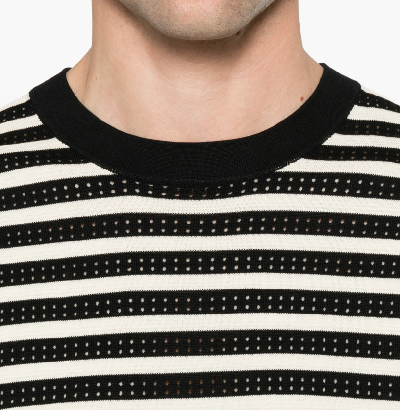 Drykorn DERICO knit T-shirt in black with open-knit texture, subtle stripes, and a regular fit.