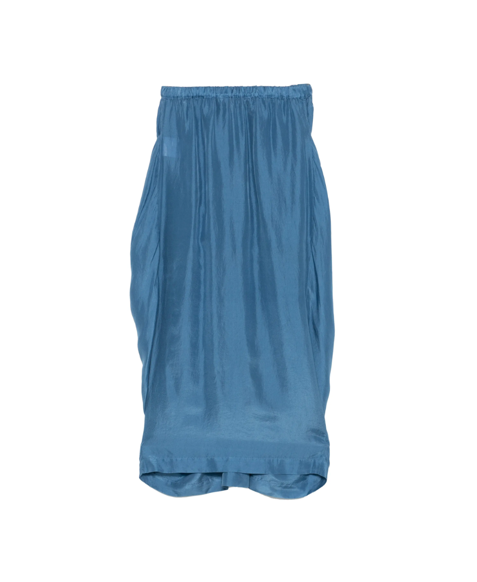 Tela Utopia draped midi skirt in blue silk with elastic waistband, gathered details, and pockets.