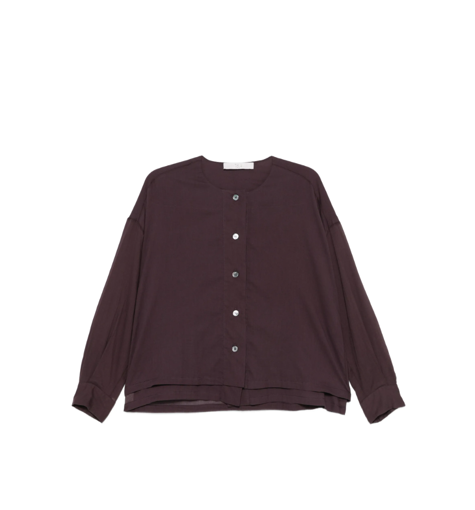 Tela dark purple shirt with button closure, long sleeves, and layered-look hem.