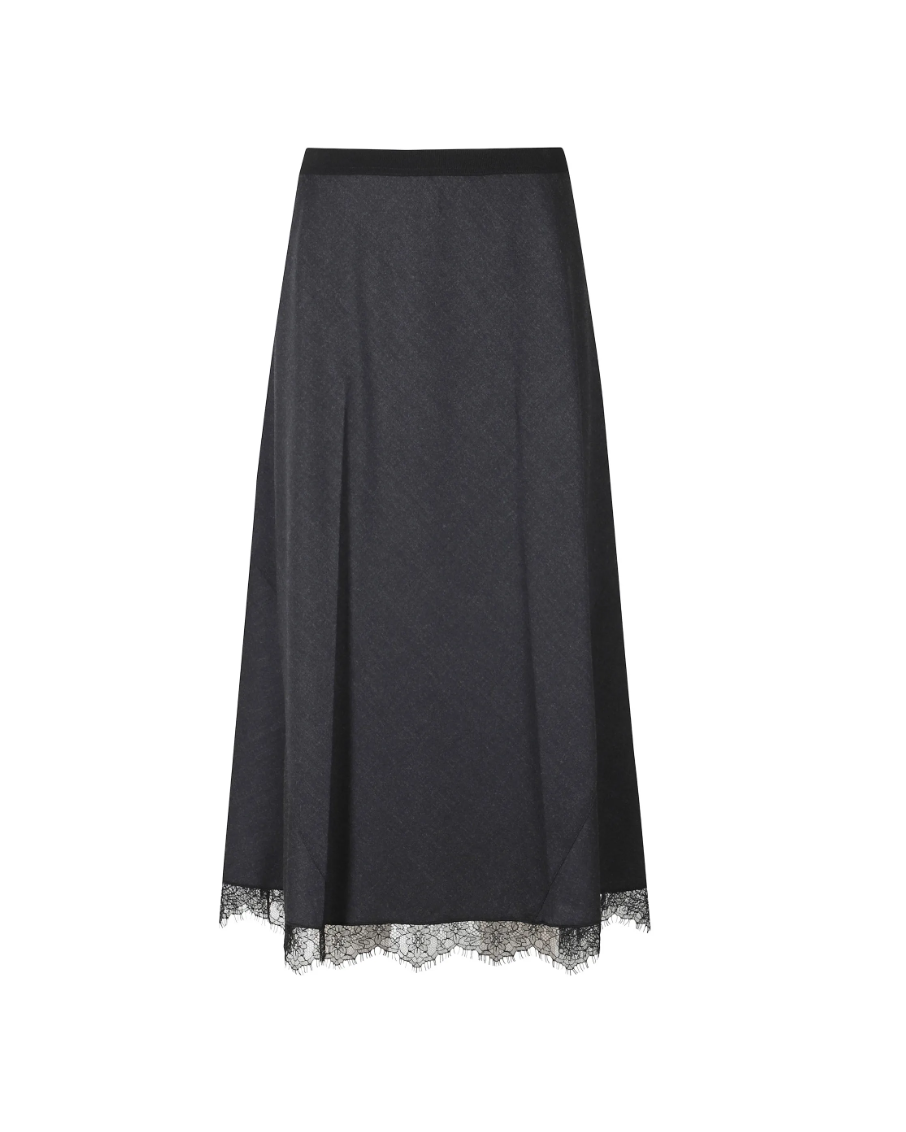TELA Panelled Skirt in Nero, featuring delicate lace detailing, contrasting panels, an elasticated waistband and scalloped hem.