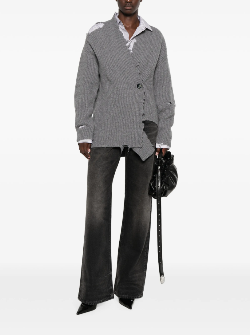 HAIKURE COURTNY Cardigan in Grey, crafted from 100% merino wool with distressed detailing, ribbed knit and an asymmetric hem.