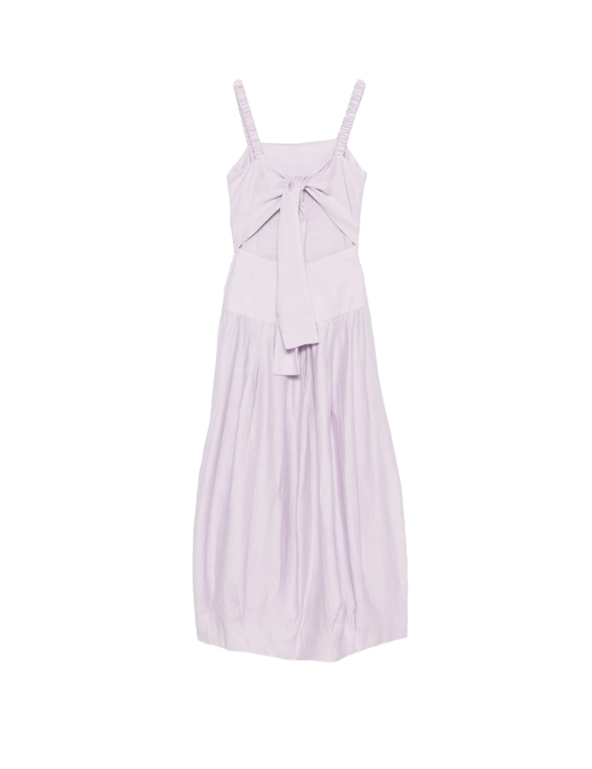 Tela ruched maxi dress in lilac with tie-back detail, square neckline, and linen-viscose fabric.