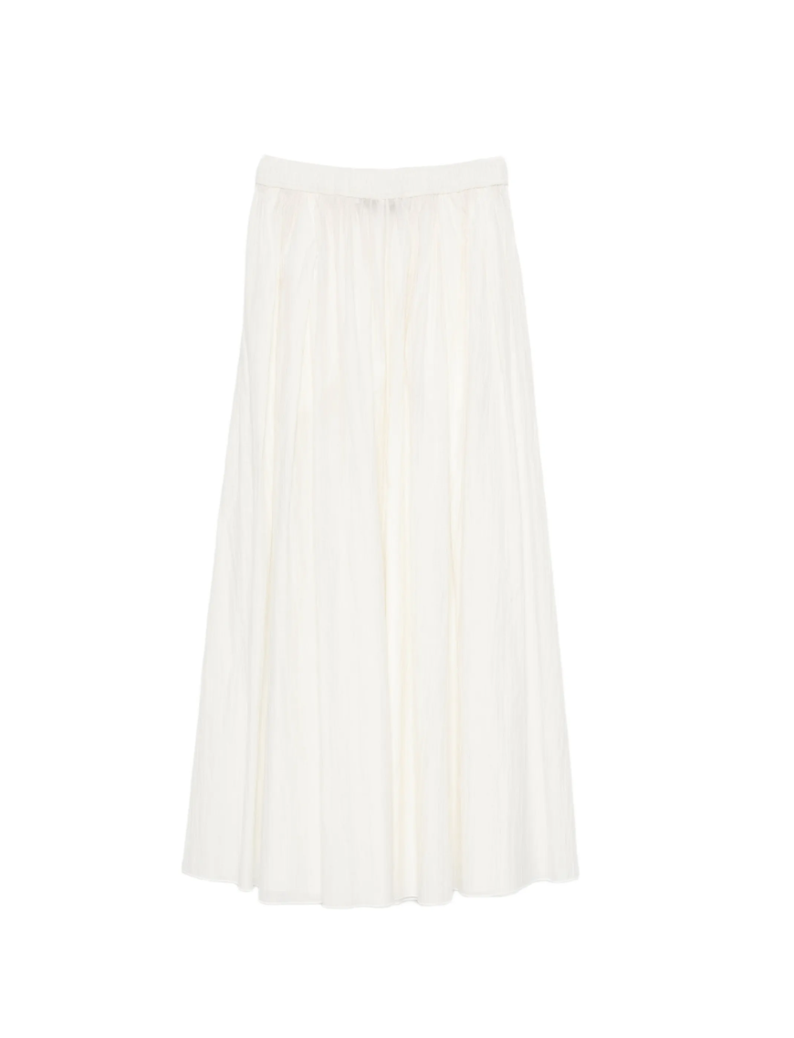 Natural white pleated maxi skirt by Tela, made in Italy with elastic waistband for a flowing, elegant silhouette.