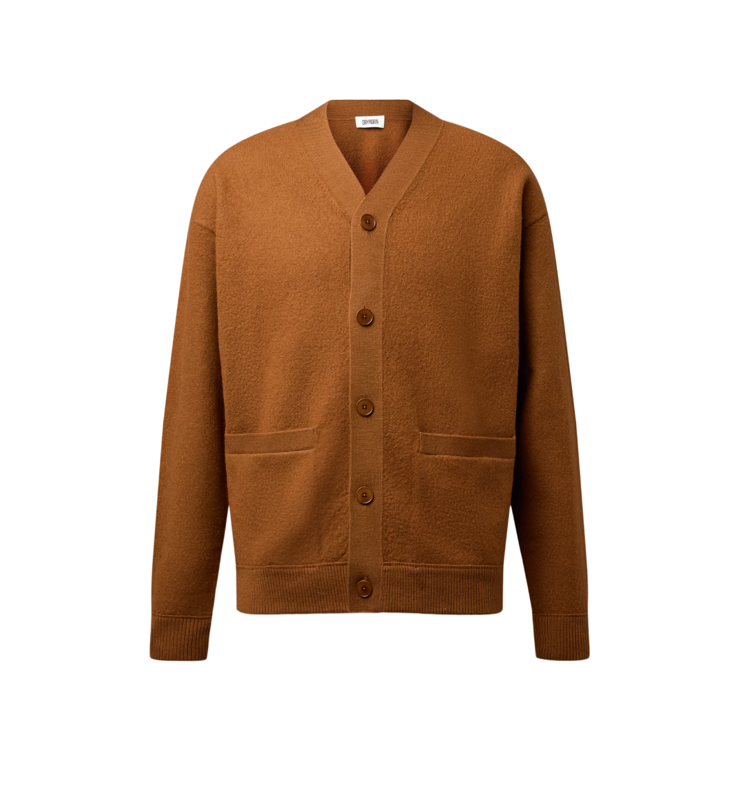 Drykorn THEELO Cardigan for men in Cigar, crafted from 100% felted Merino wool with a relaxed fit, V-neck and button closure.