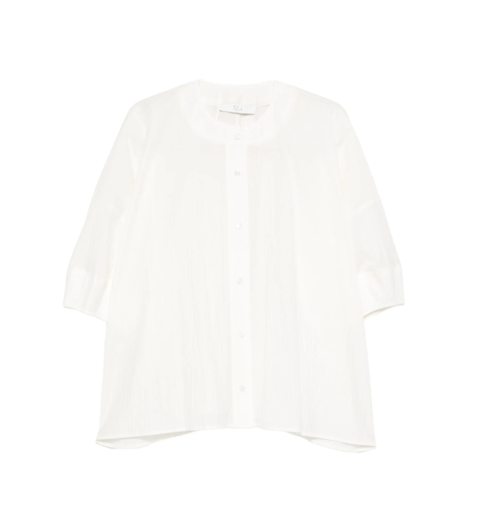 Natural white short-sleeved button-up shirt by Tela, made in Italy with mandarin collar for modern, versatile styling.