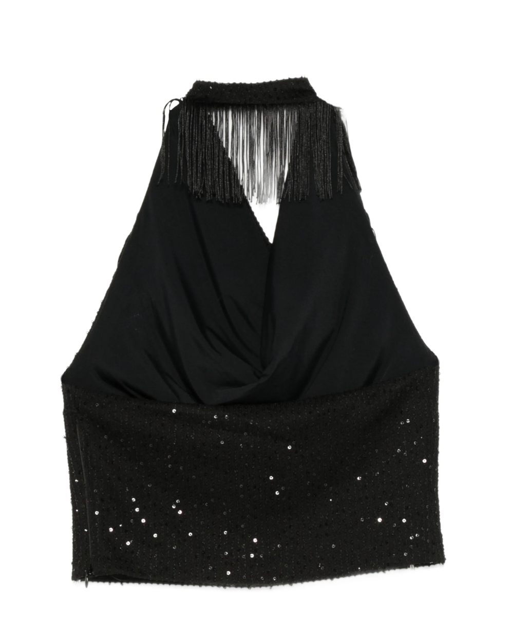 IRO Paris black sequin fringe tank top with off-shoulder neckline and straight hem