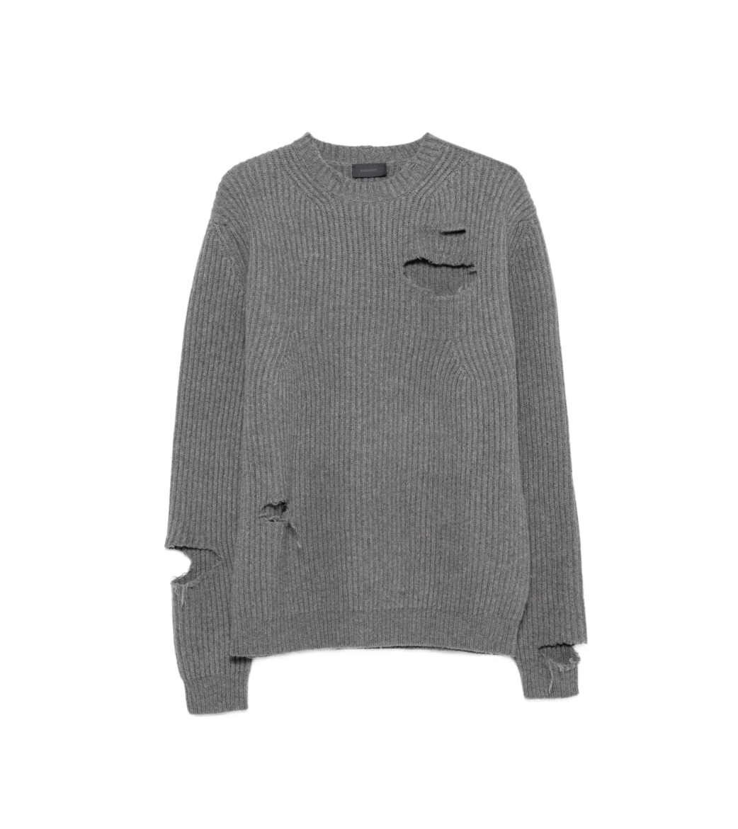HAIKURE Linden ribbed sweater in grey with distressed detailing, crew neck and ribbed trims. Made in Italy.