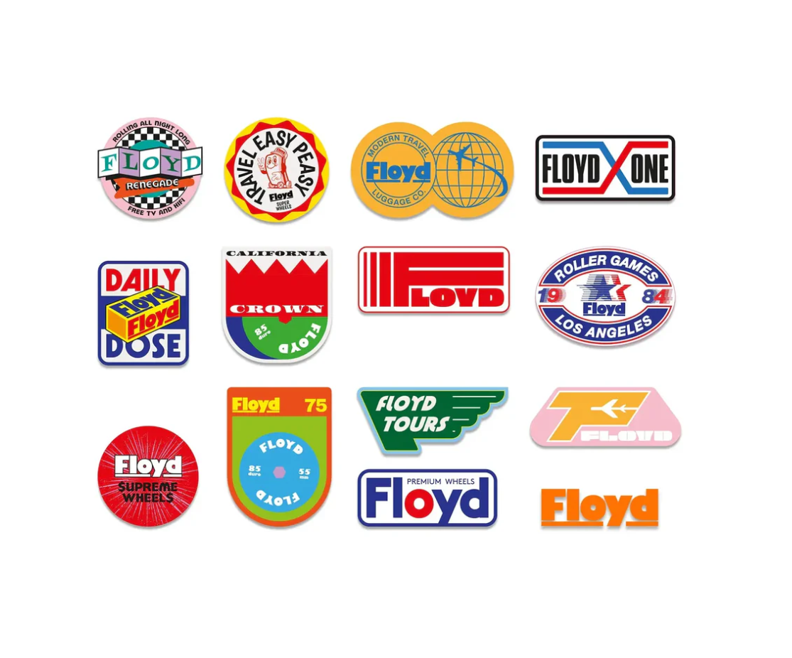 FLOYD sticker set with 14 retro travel stickers for suitcase, laptop, or everyday use.