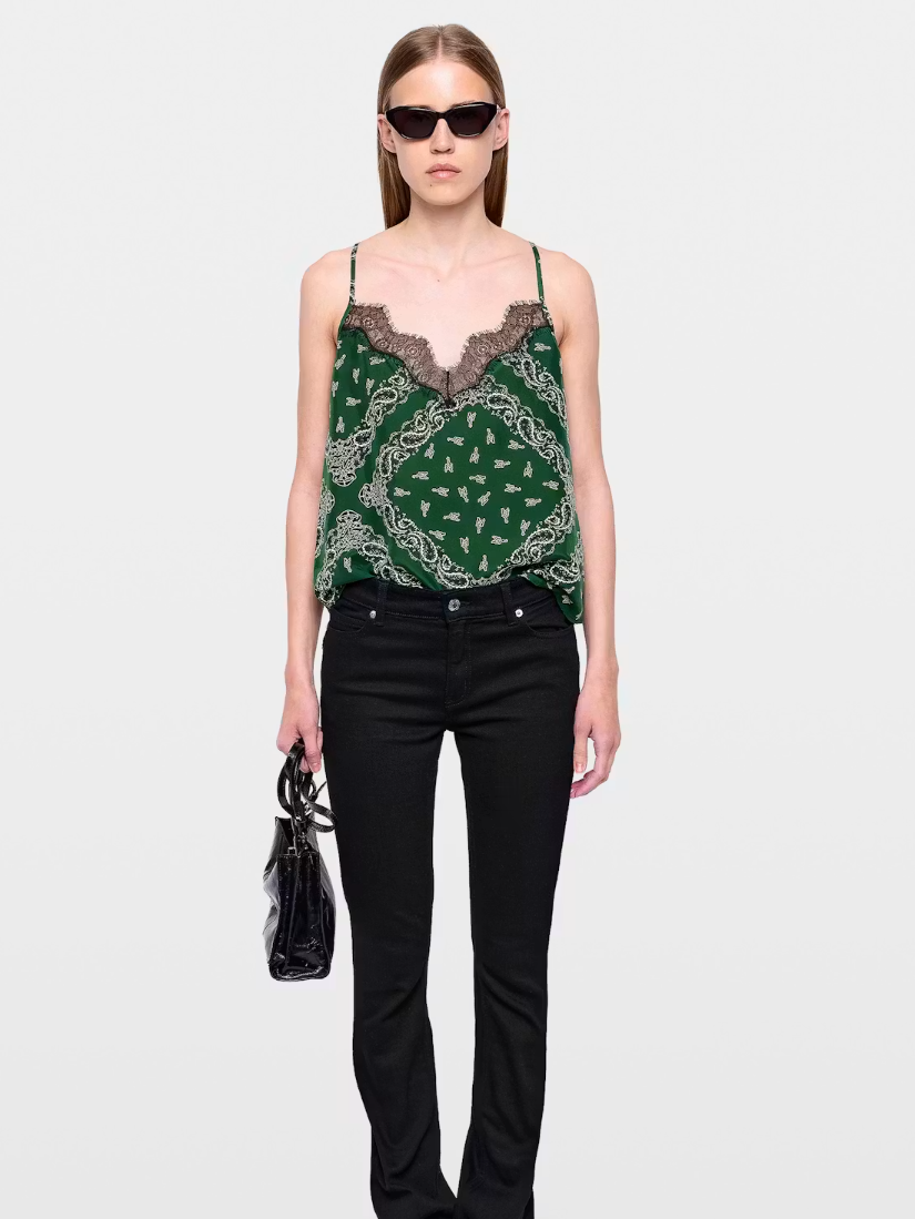 Zadig&Voltaire Cespa silk cami in Meadow with bandana print, lace neckline, and adjustable straps.