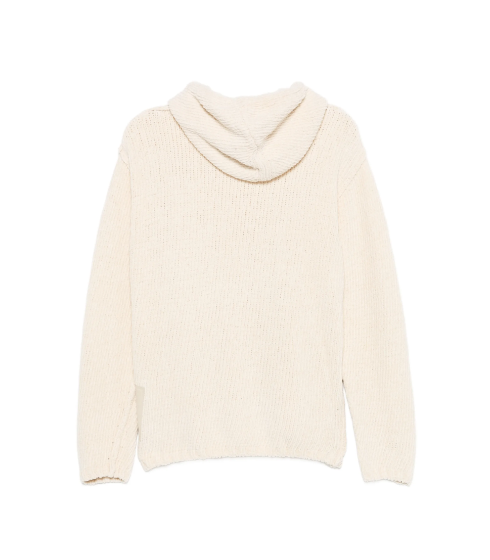 Ten C chenille cotton knit hoodie in cream with ribbed texture and drawstring hood.